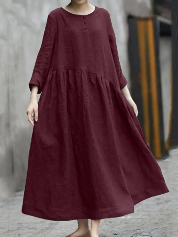 

Женское винтажное длинное платье, повседневное свободное однотонное платье из хлопка и льна с О-образным вырезом и асимметричным соединением, весна 2024