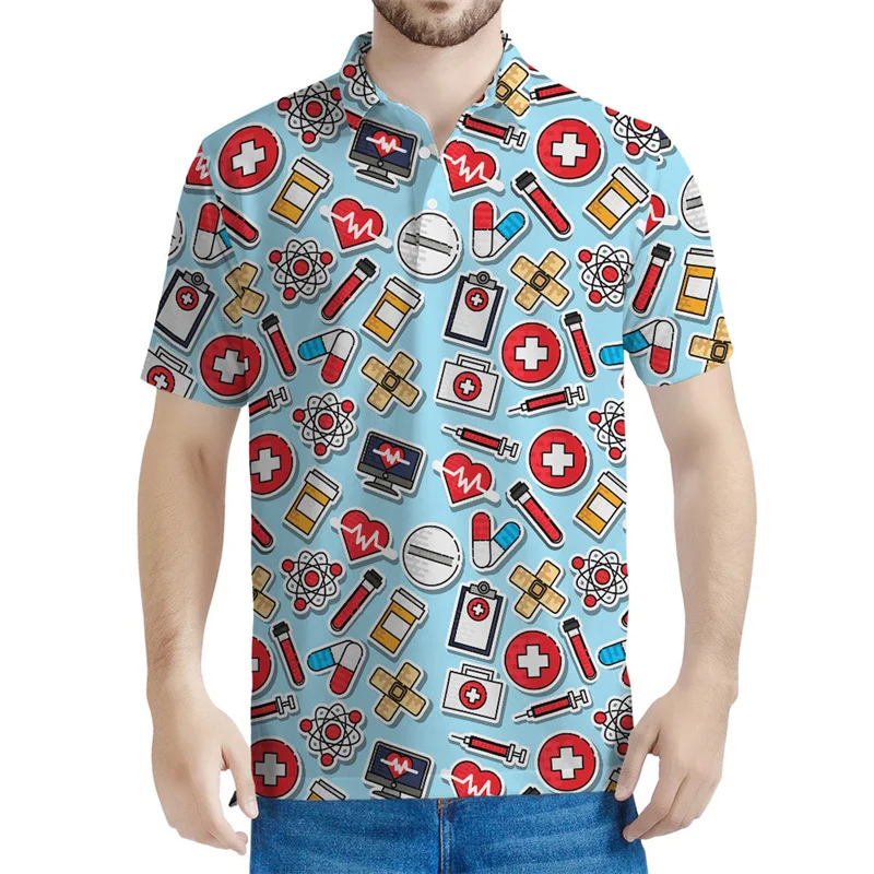 

Colorful Medical Nurse Pattern Polo Shirt Men Cartoon 3D Printed Tees Fashion Lapel Short Sleeves Tops Summer Button T-Shirt