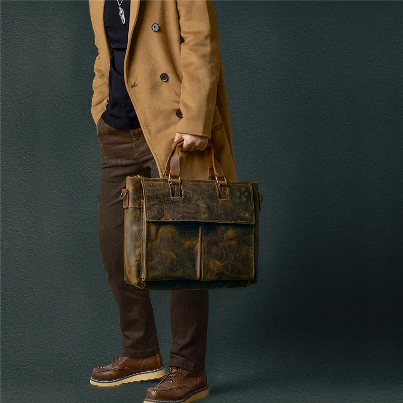 

Retro fashion high quality natural crazy horse cowhide men shoulder diagonal bag daily business lawyer office portable briefcase