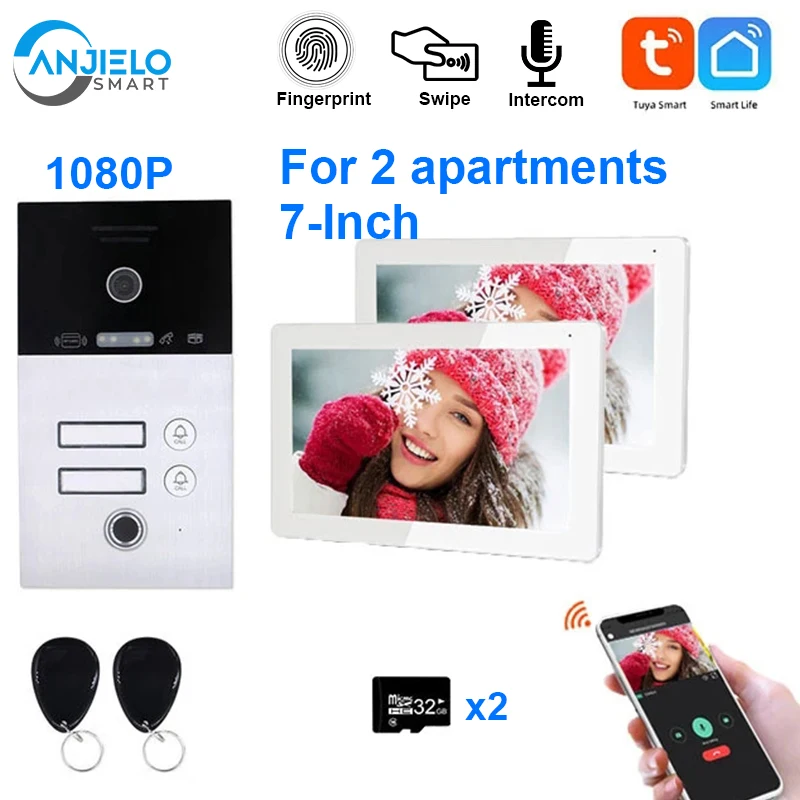 

2 Unit Apartments Video Intercom Tuya Wifi 7 Inch Monitors 1080P Doorbell with Fingerprint Rfid Card for Home System Kit домофон