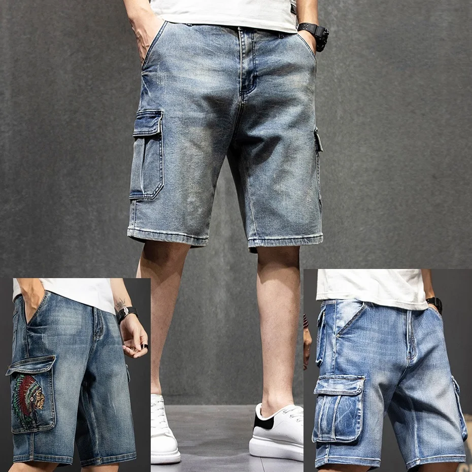 

2024 New in Men Shorts Summer Knee Length Denim Short Casual Fashion Cargo Short Blue Bermuda Jean Male Big Size 5 Breeches Plus