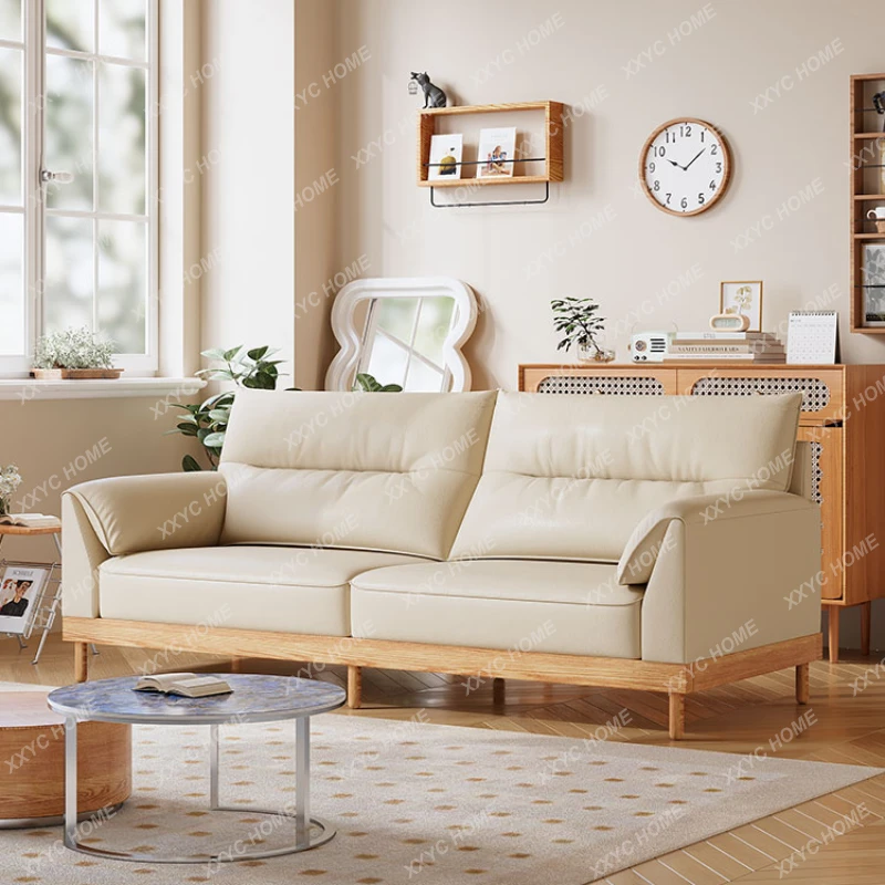 

Ash Cream Style Leather Sofa Simple Small Apartment Living Room Straight Row Three Four-Seater Sofa