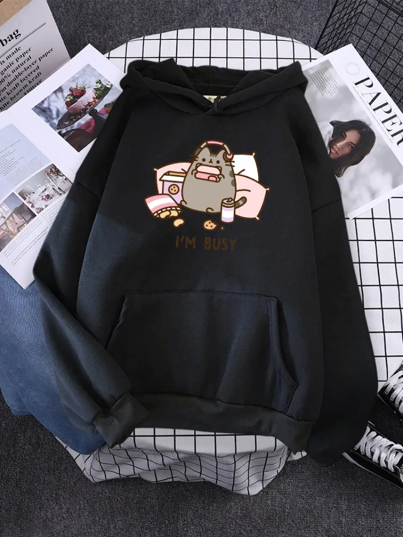 

Women Hoody Simple Pocket Pullovers Outdoor Soft Sweat Street Casual Female Top Sorry I'M Busy Cat Playing Games With Headphones