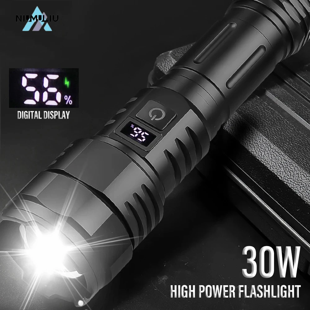 

C2 High Power 30W LED Flashlight USB Rechargeable 26650 Torch with Power Display Screen Waterproof Zoom Camping Fishing Lantern