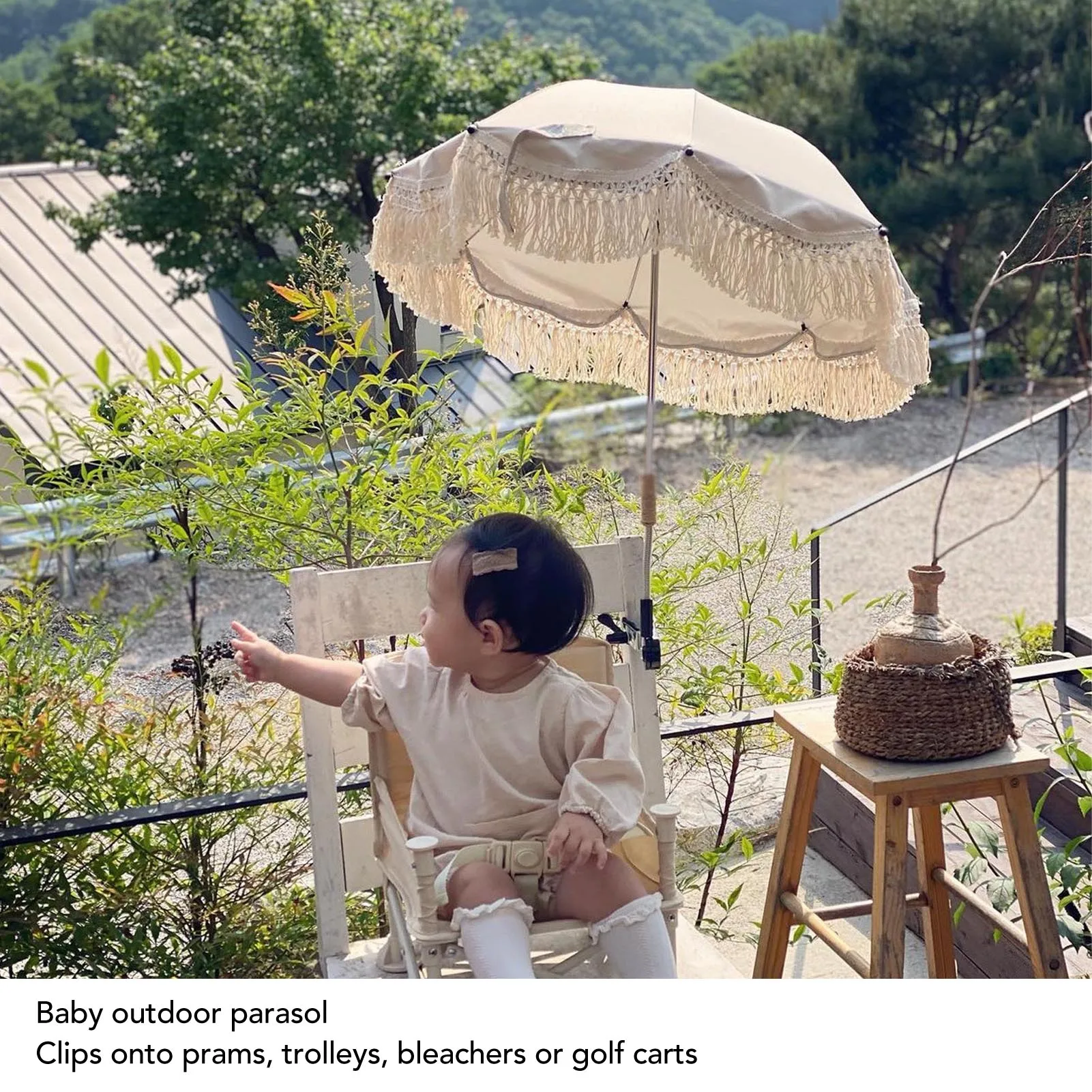 Beige Baby Beach Parasol - Tassel Fringe UV Protection Umbrella 1 Sb5390936aacb4034b27d43913812c9eas