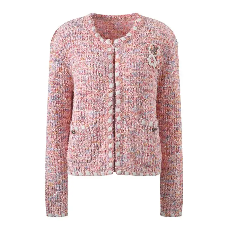 

Fashion Hooked Flower Knitted Cardigans Top Women Pink Romantic Elegant Long Sleeve Sweater Coats 2024 Spring New Sweet