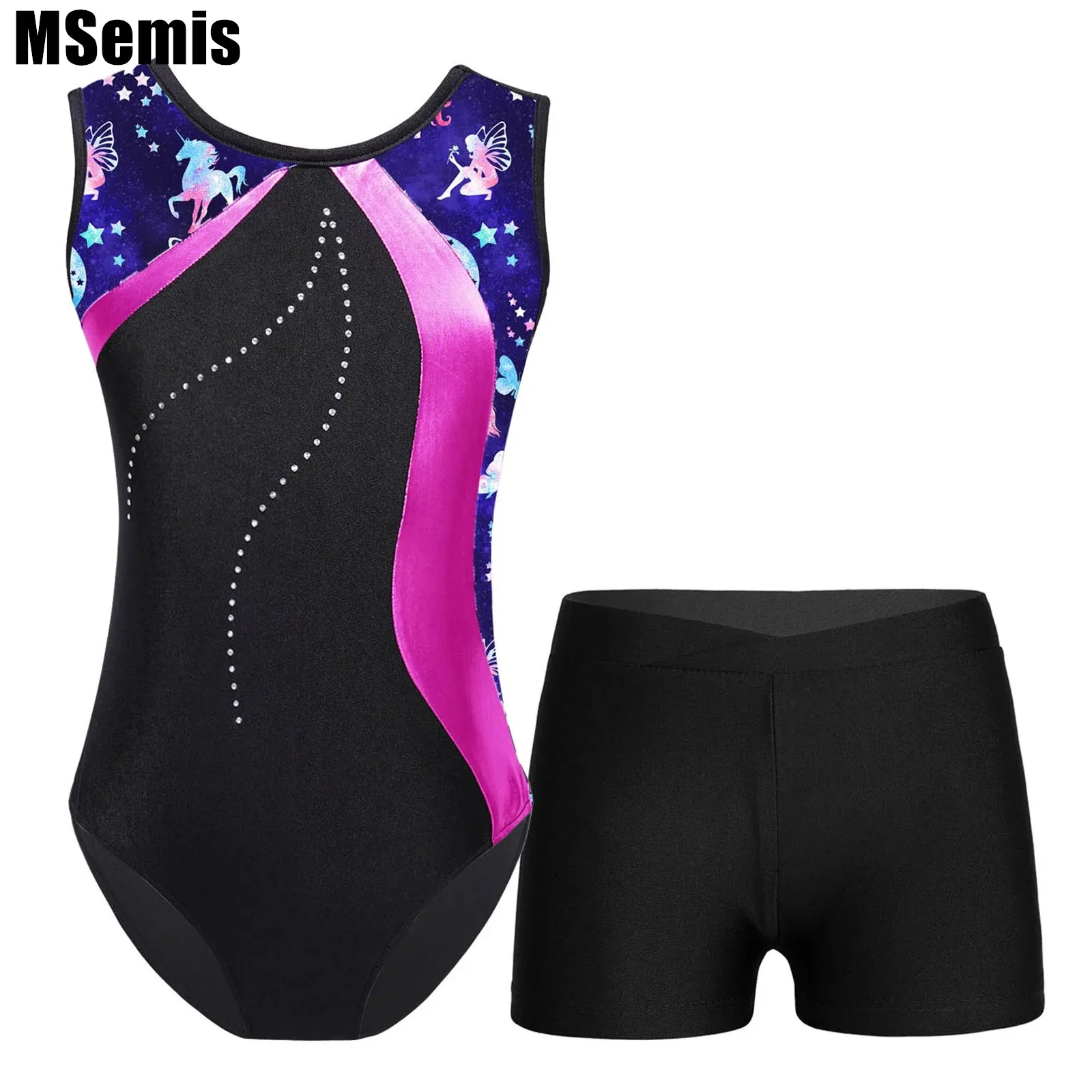 

Kids Girls Printed Dance Sets Sleeveless Patchwork Leotard with V-front Waistband Shorts for Dance Gymnastics Stage Performance