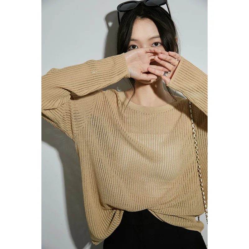 

Spring and Summer New Tops Slightly Transparent Long-sleeved Drop-shoulder Pullover Sunscreen Smock Thin Women Clothing Y2k Top
