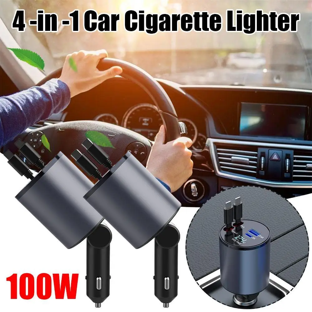 

100w 4In1 Retractable Car Charger USB 2.4A Port DP 3A Port Type-C Cable For Huawei Samsung Fast Charge Cord Cigarette Lighter