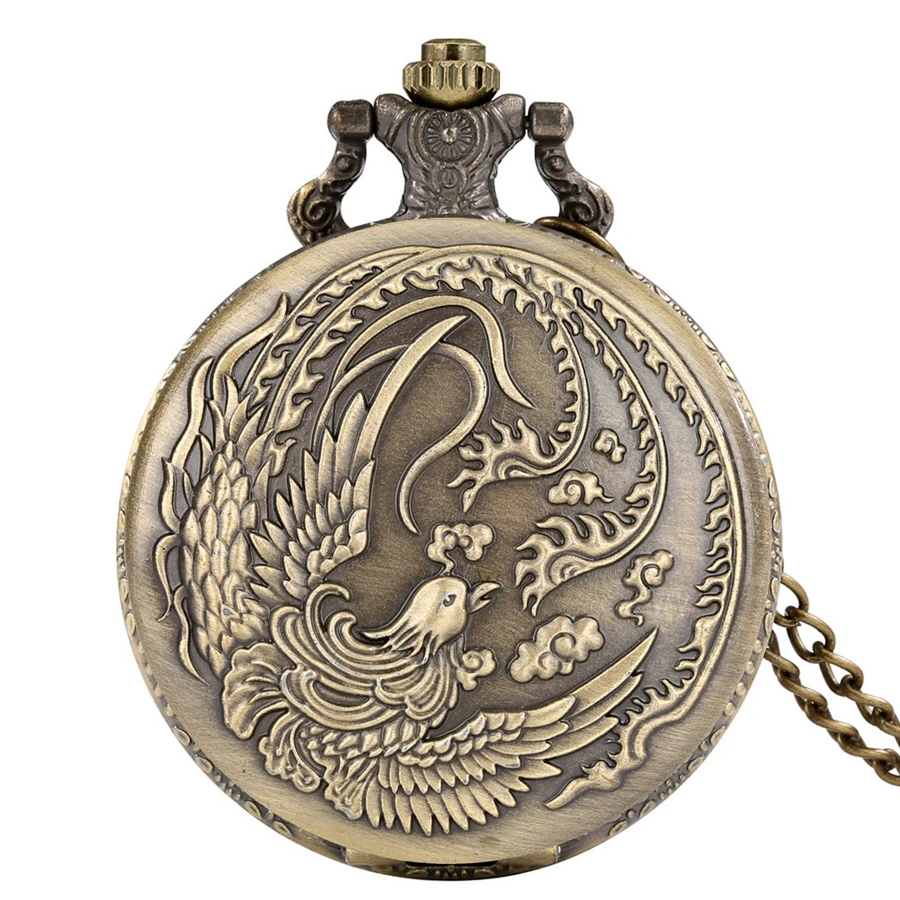 

Exquisite Filigree Spiral Phoenix Antique Quartz Pocket Watch Retro Bronze Flying Bird Animal Necklace Chain Jewelry Gift Unisex