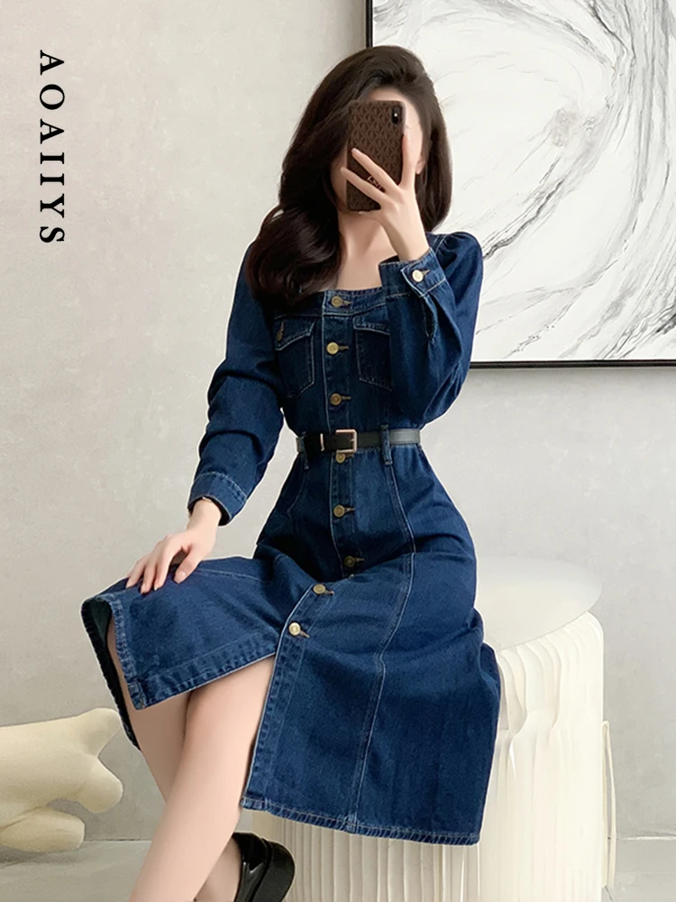 Aoaiiys Long Denim Dress for Women Square Collar Long Sleeves with Belt Pockets Dress Single Breasted Korean Vintage Dresses New
Aoaiiys Long Denim Dress for Women Square Collar Long Sleeves with Belt Pockets Dress Single Breasted Korean Vintage Dresses New