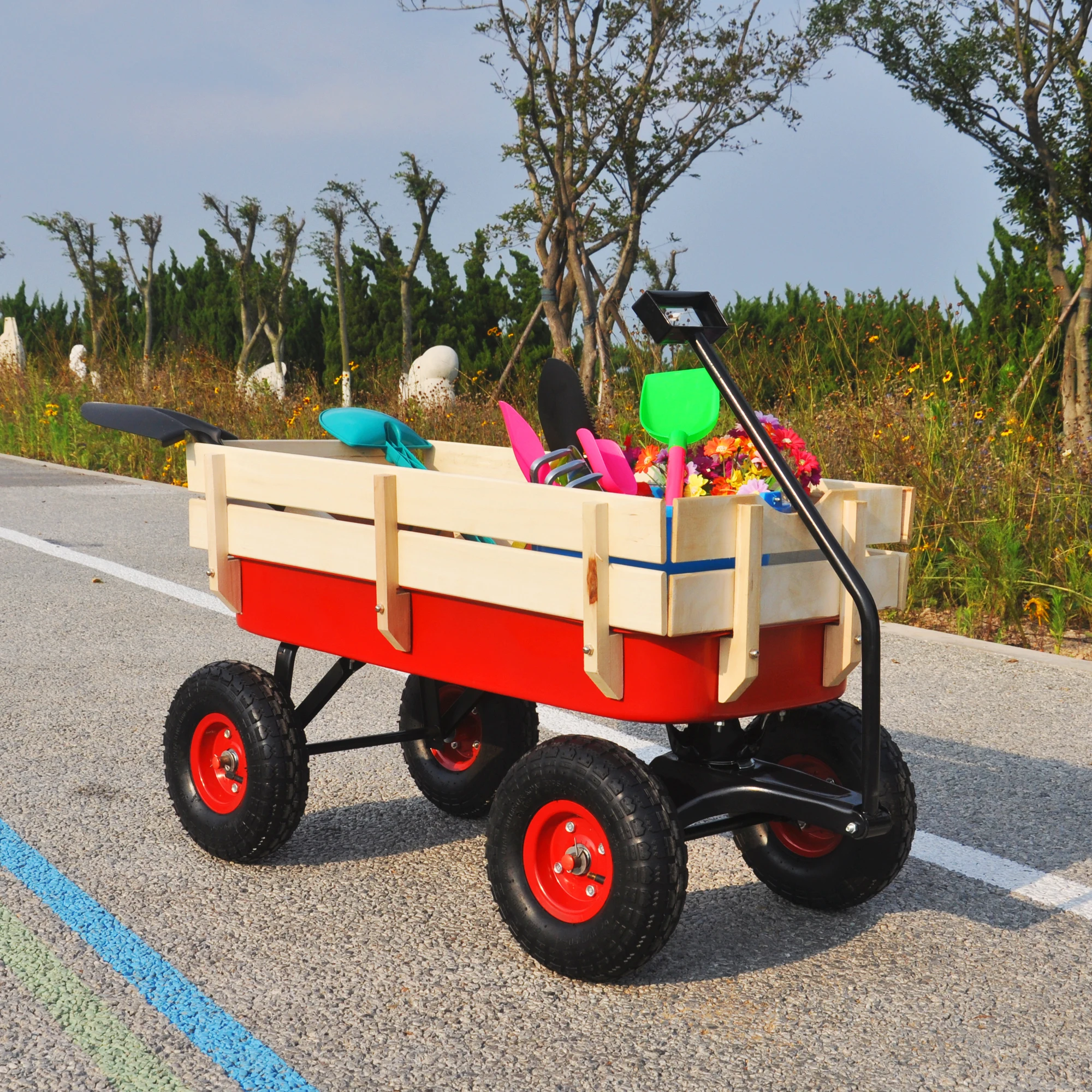 

Tools Cart Wagon Cart Garden Cart Trucks Outdoor Wagon All Terrain Pulling w/Wood Railing Air Tires Children Kid Garden