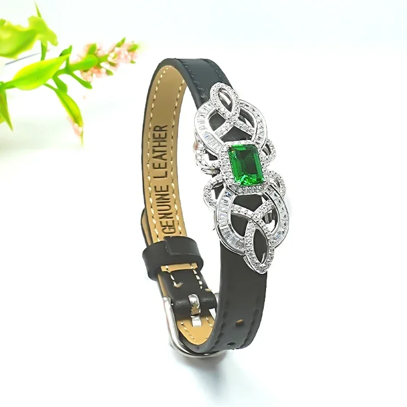 

Fashionable Green 925 Silver Wristband Style Cowhide Inlaid High Carbon Diamond Vintage Bracelet, Engagement Jewelry for Women