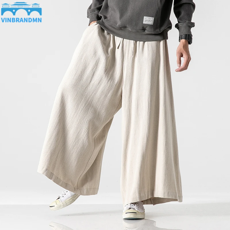 

New Chinese Style Linen Pants Men Loose Flared Pants Large Size 5XL Fashion Casual Wide-Leg Pants Yoga Skirt Pants Thai Trousers