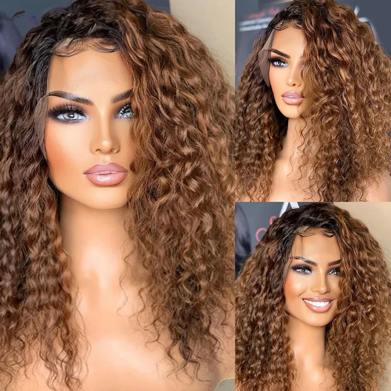 

Glueless Soft 26" 180Density Ombre Blonde Kinky Curly Lace Front Wig For Black Women BabyHair Heat Resistant Preplucked Daily