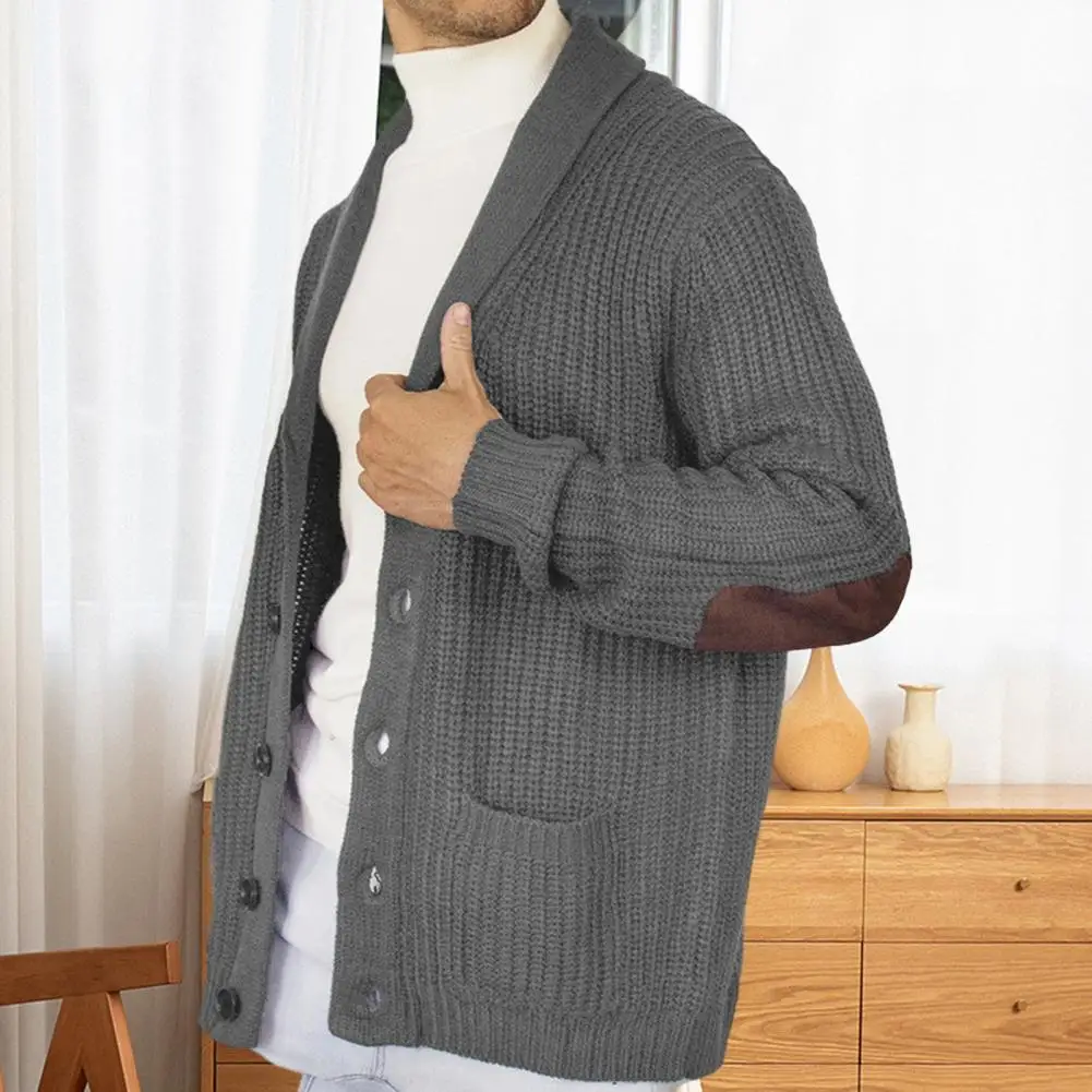 

Faux Suede Spliced Arm Cardigan Thick Warm Knitted Cardigan Coat with Faux Suede Patchwork for Men Long Sleeve Mid Length