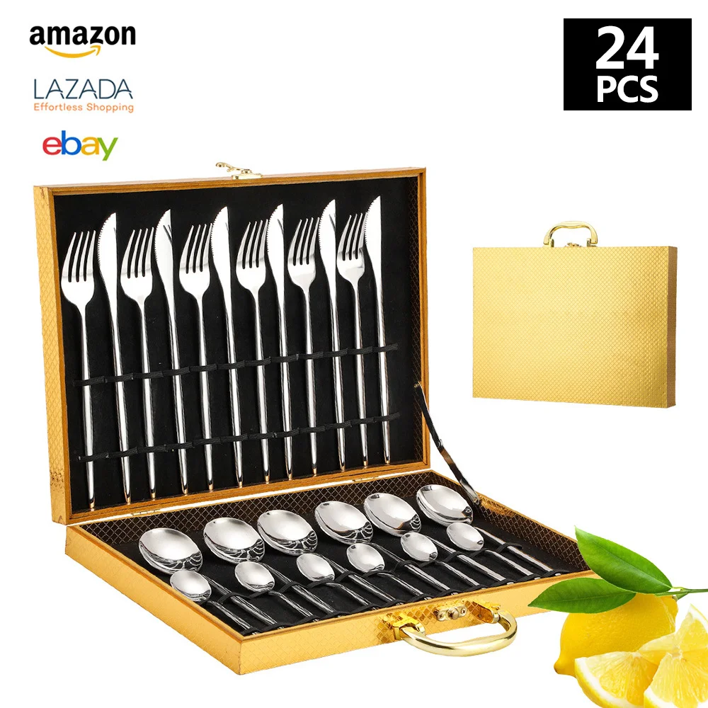 

New 24-Piece Stainless Steel Cutlery Set in Textured Wooden Gift Box Exotic Tableware