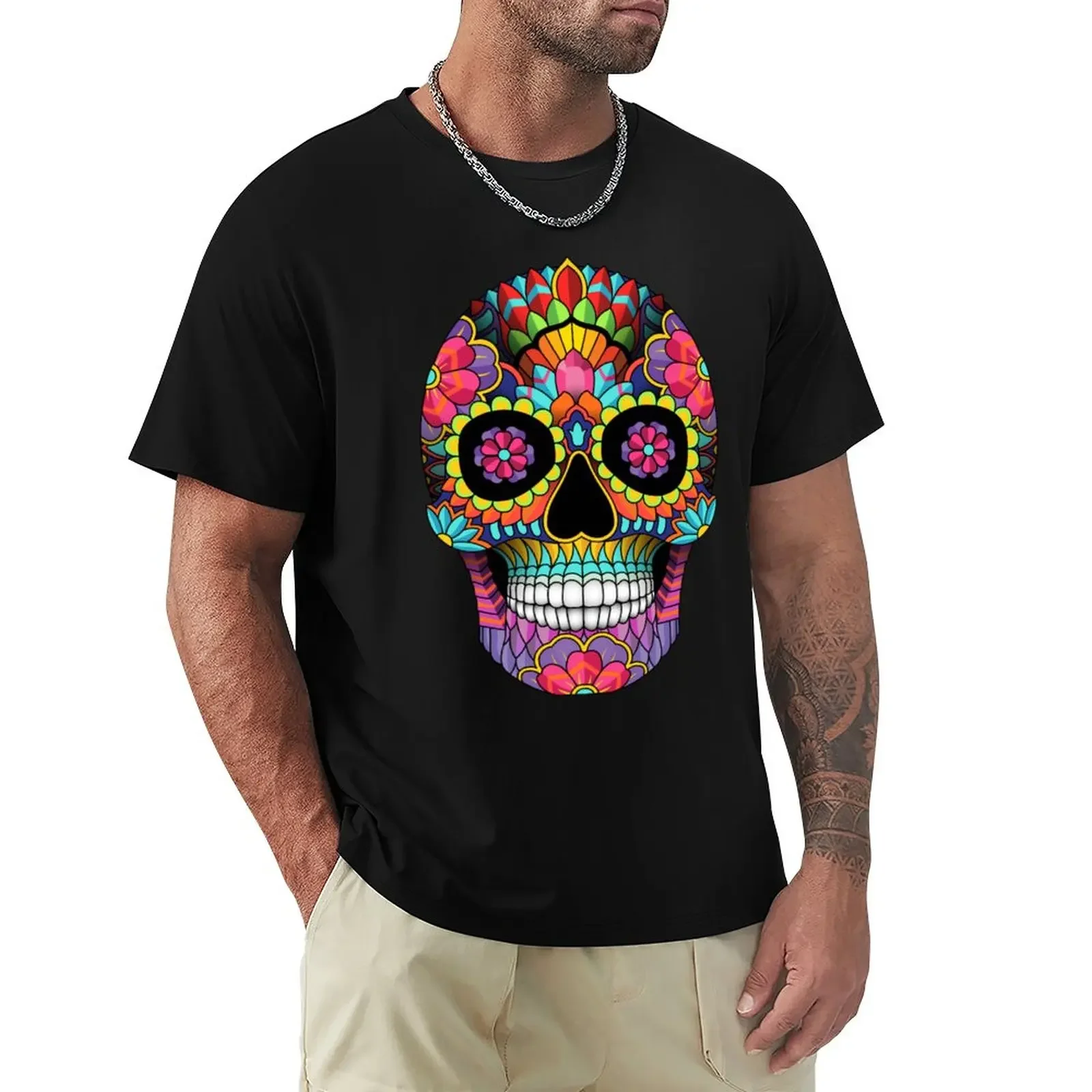 

sugar skull full colors T-Shirt blanks summer clothes Men's t-shirt oversized plus sizes plain mens big and tall t shirts