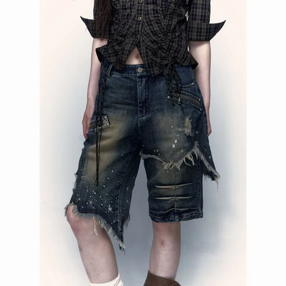 

Washed do old worn wide-leg denim shorts female 2024 summer new design sense five in pants retro punk street