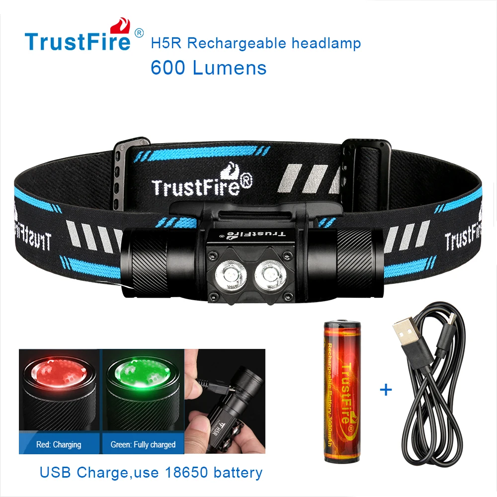 

Trustfire H5R Headlamp 600 Lumens Dual LEDs USB Rechargeable Lamp Headlights 18650 Head Flashlights Fishing with Power Indicator