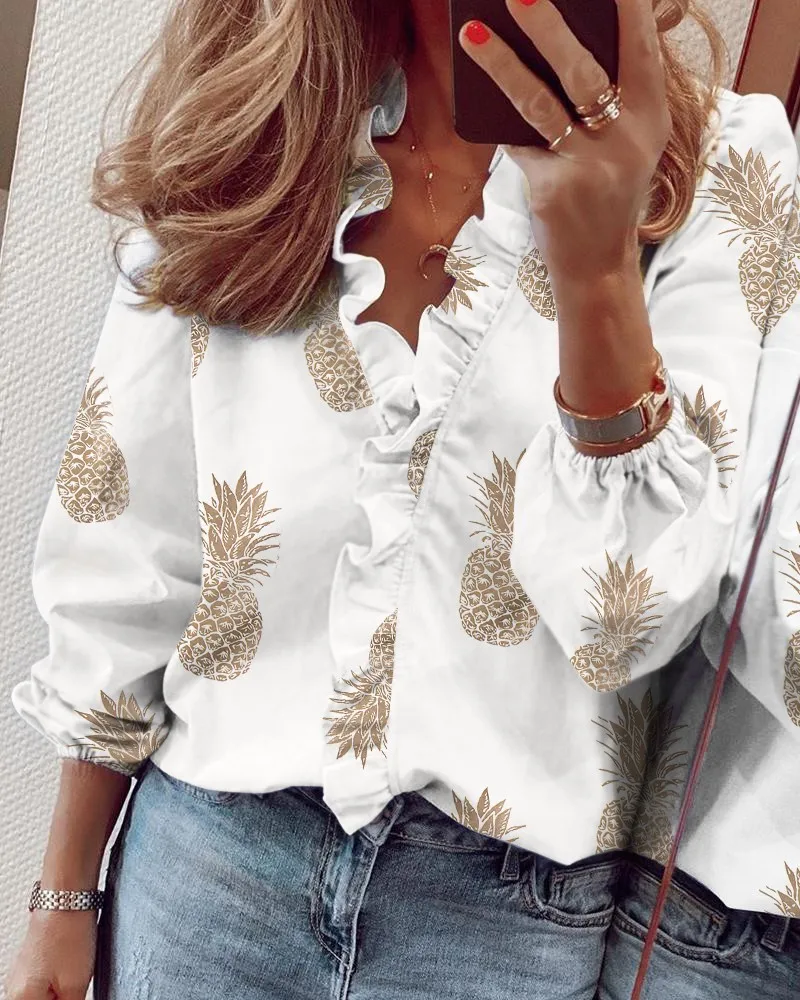 Spring Summer New Ruffled Long Sleeve Shirt Vintage Elegant Chiffon Blouse Women Loose Hollow Out Shirts And Blouses 
Spring Summer New Ruffled Long Sleeve Shirt Vintage Elegant Chiffon Blouse Women Loose Hollow Out Shirts And Blouses