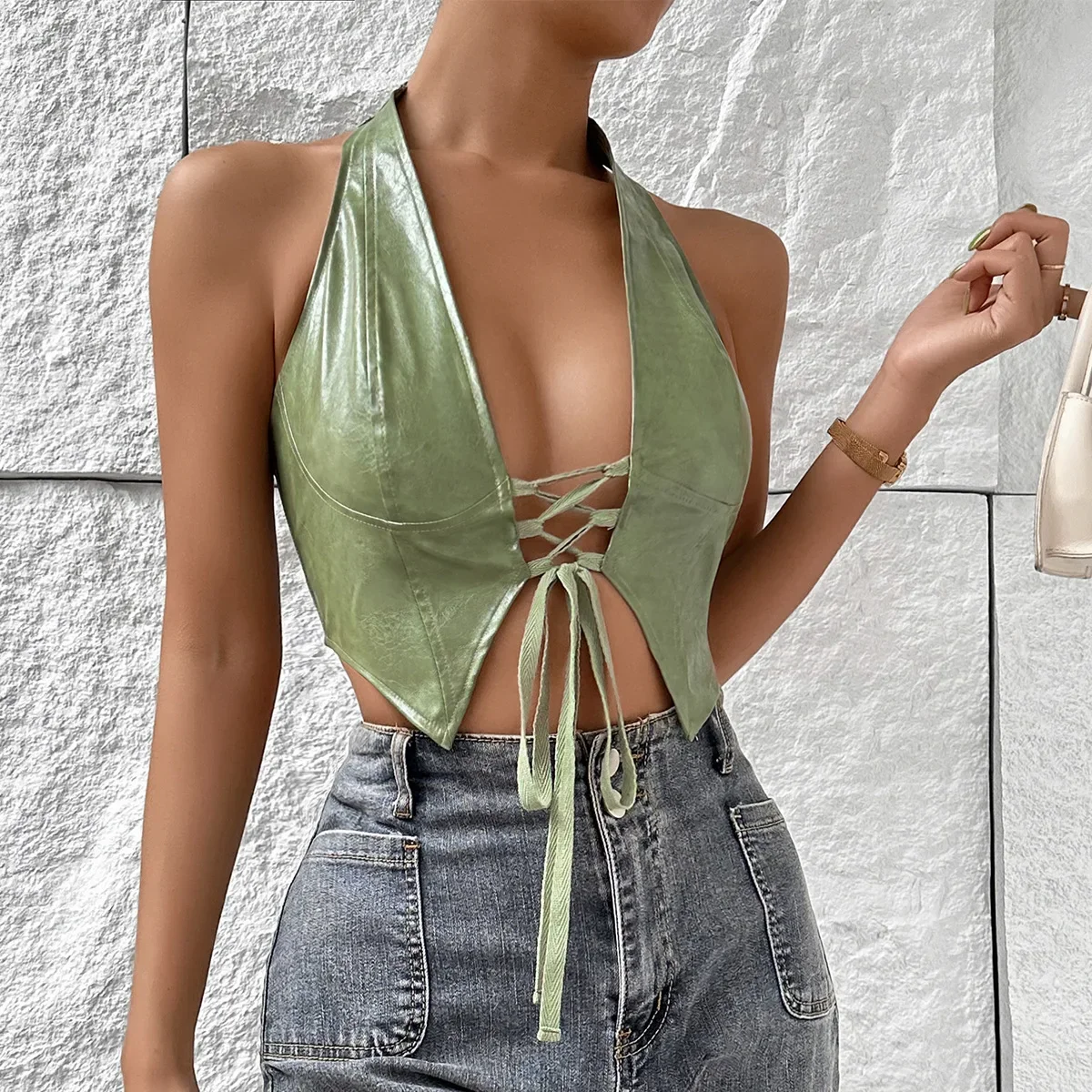 2024 Sexy Spicy Girl Low cut Cardigan Solid Color Hanging Neck Lace PU Leather Tank Top for Women clothing CYDZ91
2024 Sexy Spicy Girl Low cut Cardigan Solid Color Hanging Neck Lace PU Leather Tank Top for Women clothing CYDZ91