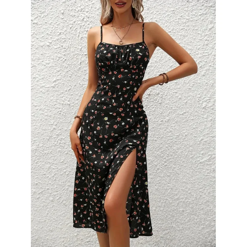 

2024 Women Floral Print Spaghetti Straps Summer Boho Beach Dress Print Elegant Suspenders Square Neck Stit Dress Vestidos