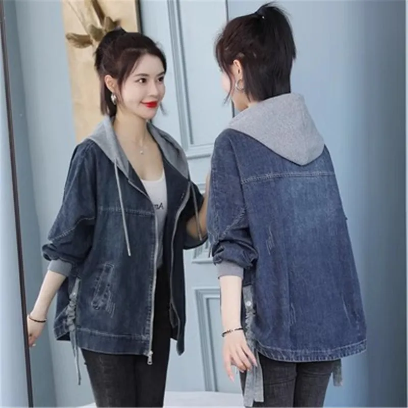 

Spring Autumn Blue Patchwork Short Denim Jacket Women Vintage Hooded Pockets Jeans Coat Female Casual Baseball Outerwear B318