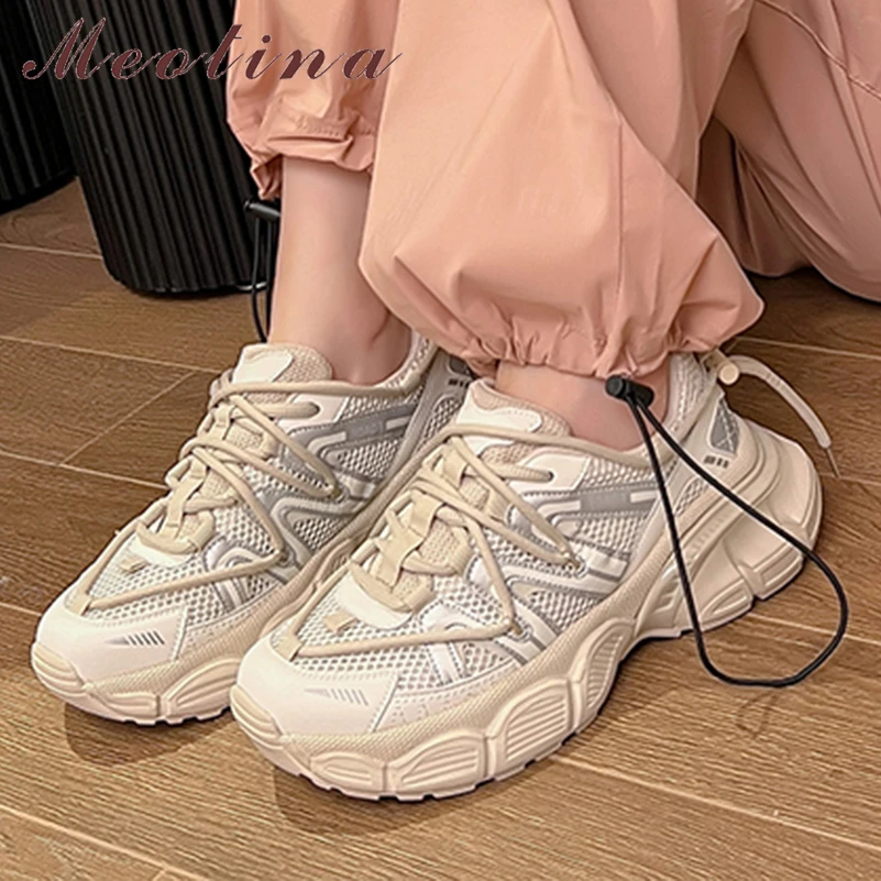 

Meotina Women Sneakers Round Toe Platform Flat Lace-up Concise Ladies Fashion Casual Shoes Spring Autumn Black Apricot Silver 40