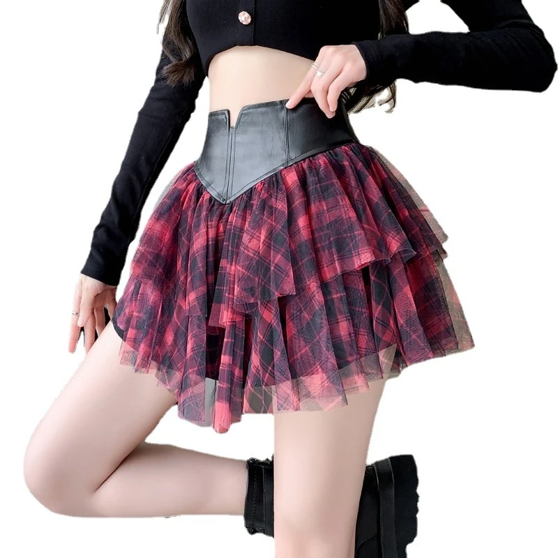 

ALIDI SC2024 Retro Halfskirt Women's American Spicy Girl Style Mesh Plaid Summer Spliced A-line Hundred Pleats Ultra Short Skirt