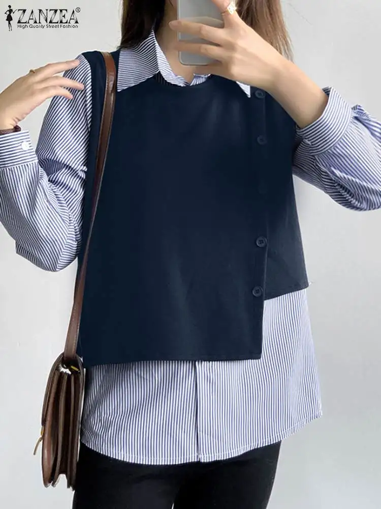 

Блузка ZANZEA Женская в стиле пэчворк, модная туника с имитацией двух частей, Топ с длинным рукавом, с лацканами, рабочая одежда на пуговицах, на осень