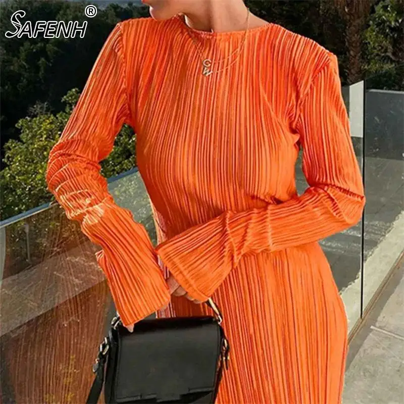 Женское модное уличное платье с длинным рукавом, облегающее Плиссированное длинное платье с круглым вырезом, модель 2024 года, 5 цветов 
Женское модное уличное платье с длинным рукавом, облегающее Плиссированное длинное платье с круглым вырезом, модель 2024 года, 5 цветов