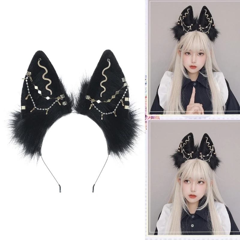 

Christmas Performances Foxes Ear Hairband with Alloy Earring Decor Foxes Ear Headbands Gothic Cartoon Hair Hoop