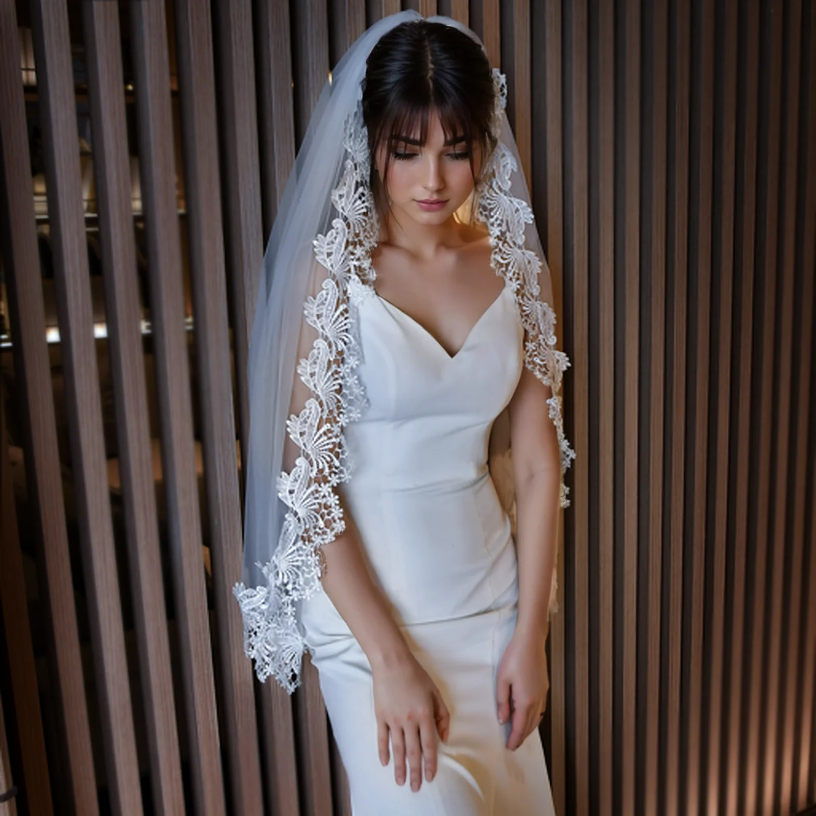 

M31 Short Bridal Veils Wedding Lace Applique Edge Wedding Veil Partial Trim 1 Tier Fingertip Bride Veil Bridal Accessories