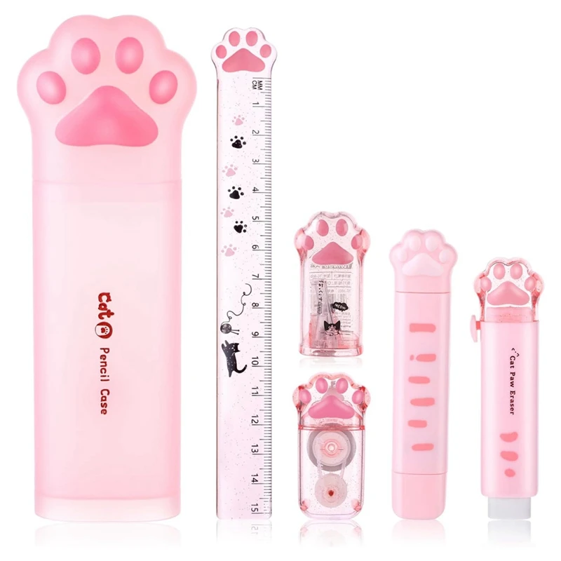 

Cute Cat Paw Stationery Set, 6 Pcs Kawaii Cat Stationary Kit Pencil Sharpener Retractable Eraser Correction Tape Ruler Pink