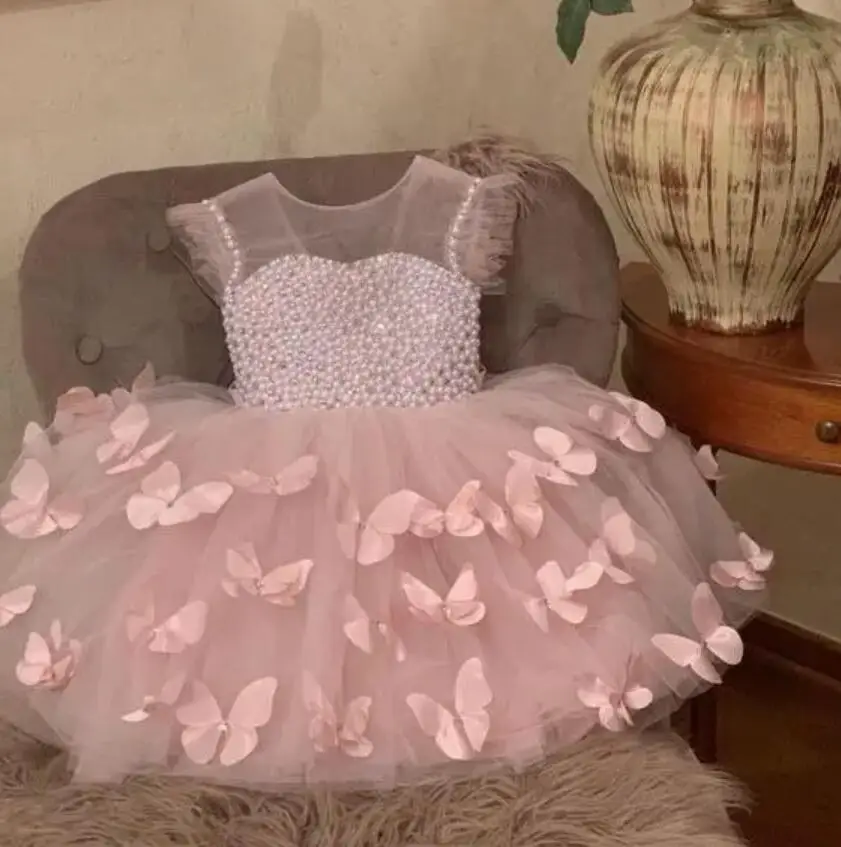 

New Flower Girl Dresses Pink 3D Butterflies Pearls Top Little Princess Custom Made Birthday Party Dress