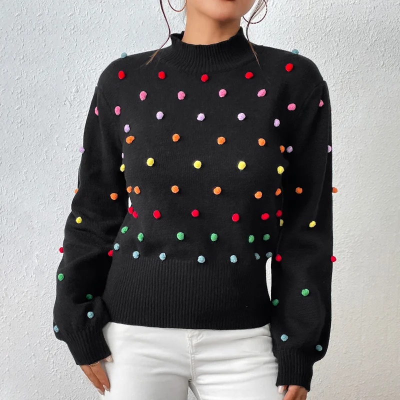Fashion Knit Sweater Winter Women Long Sleeve Pullover Sweater Elegant O Neck fur ball decoration Mock Neck Beaded Sweater
Fashion Knit Sweater Winter Women Long Sleeve Pullover Sweater Elegant O Neck fur ball decoration Mock Neck Beaded Sweater