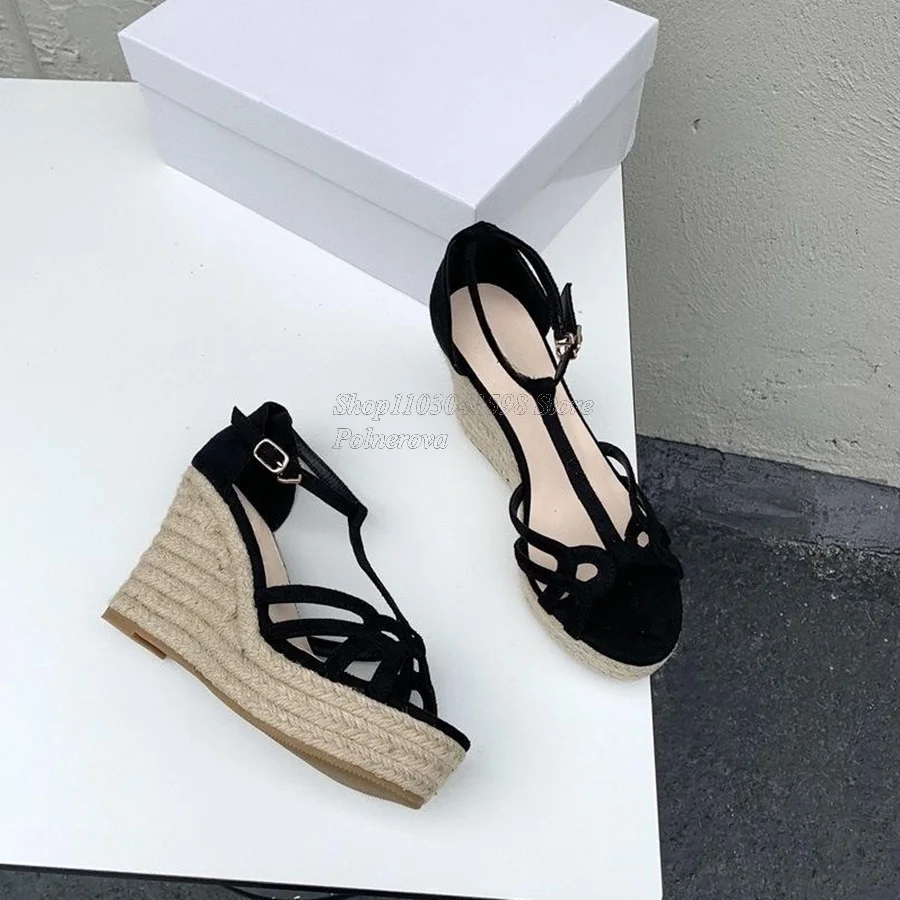 

Solid Color Suede Buckle Straw Shoes Sandals Thick Bottom Slope Heel Women Shoes Big Size High Heels 2023New Zapatos Para Mujere