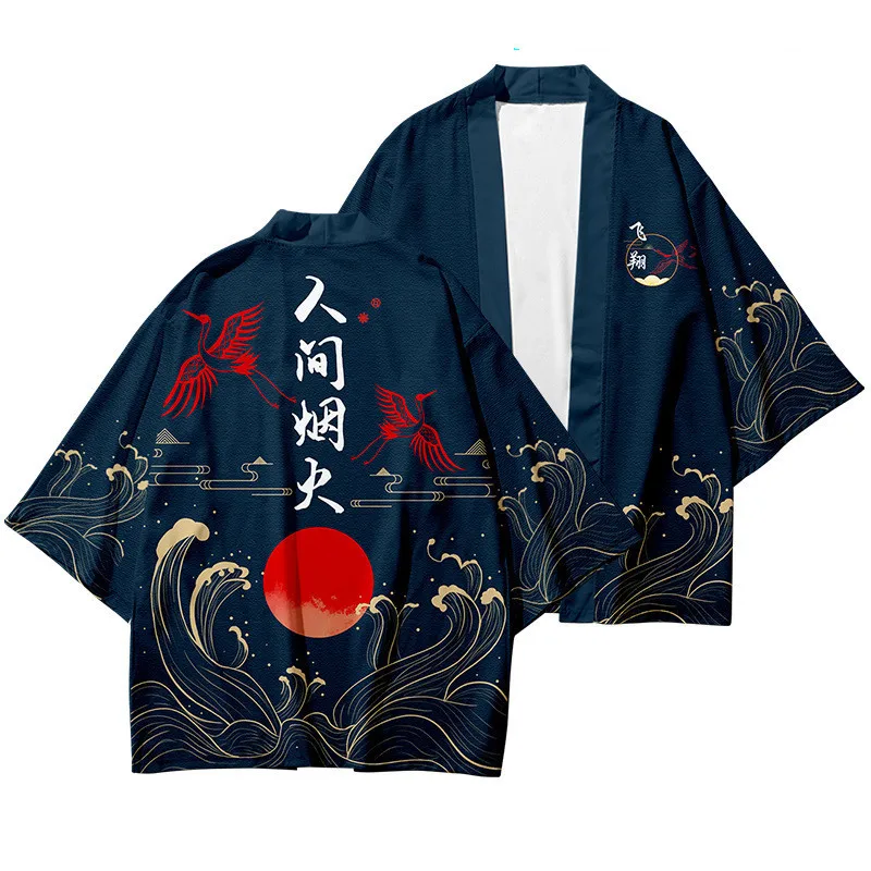 

Traditional Cardigan Haori Kimono Asian Clothing Crane Print Hawaiian Shirt Women Men Japanese Beach Oversized Yukata 6XL
