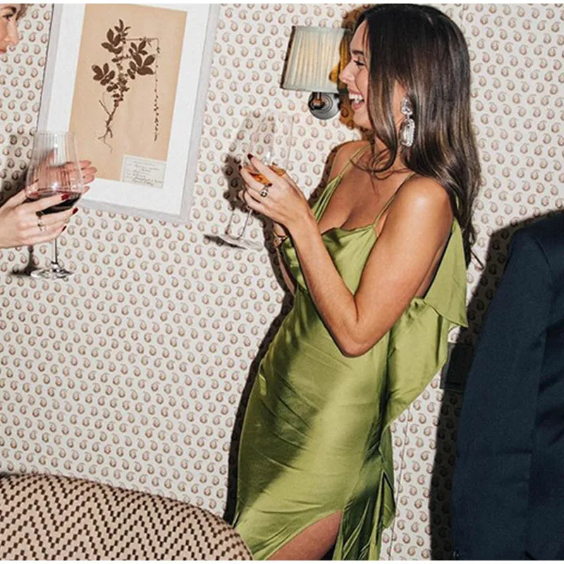 Elegant Green Satin Ruffle Dress Women Backless Spaghetti Strap Maxi with Side Split OUT1038 Elegant Green Satin Ruffle Dress Women Backless Spaghetti Strap Maxi with Side Split OUT1038