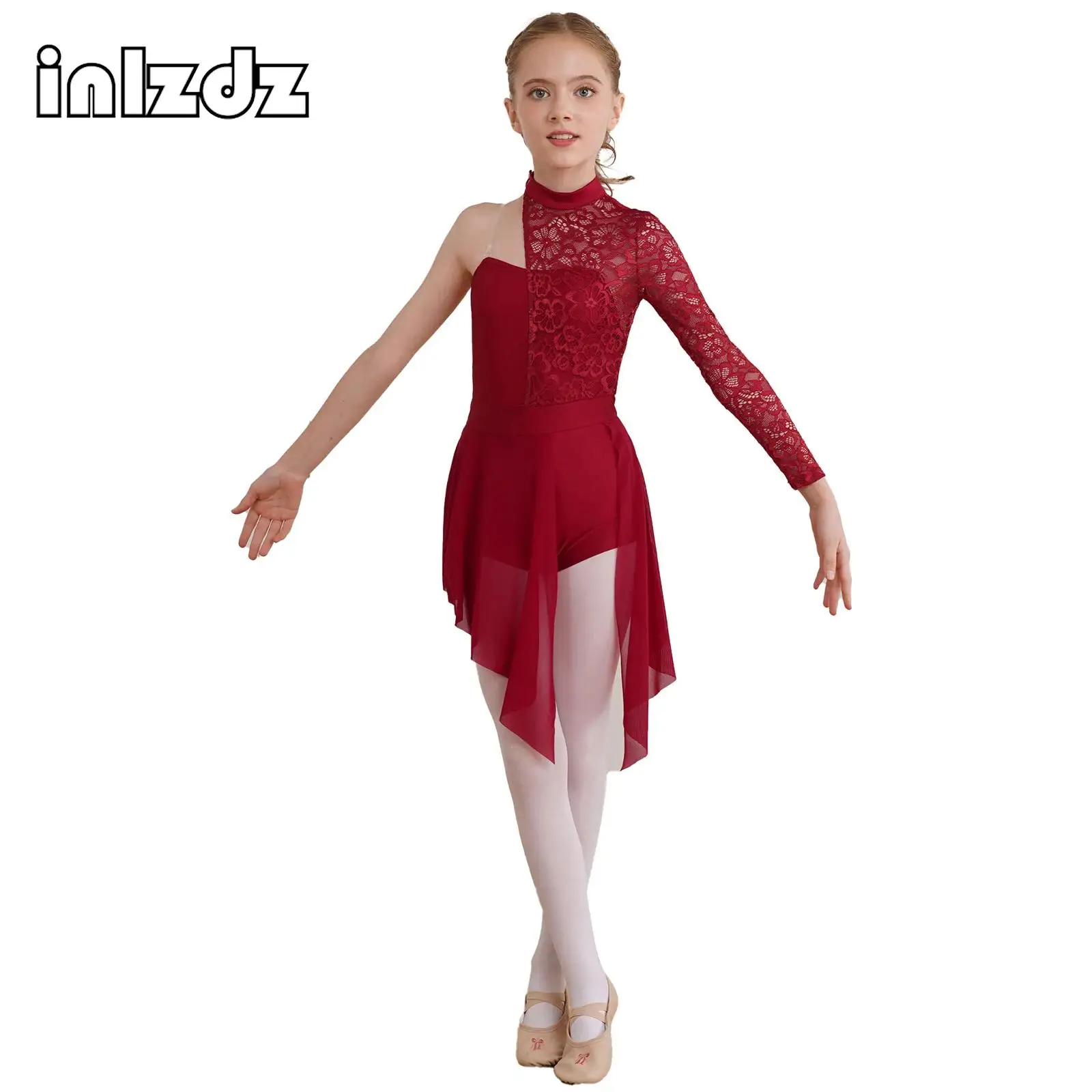 

Kids Girls Floral Lace Modern Lyrical Dance Dress Asymmetrical Shoulder Ballet Gymnastics Leotard Latin Jazz Cha-cha Dancewear