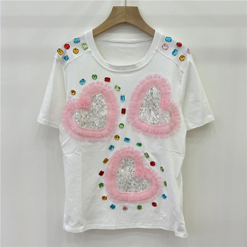 

European and American Style Tshirt Women 2024 Summer New Fashion Exquisite Rhinestone Three-Dimensional Love Mesh Flowers Top