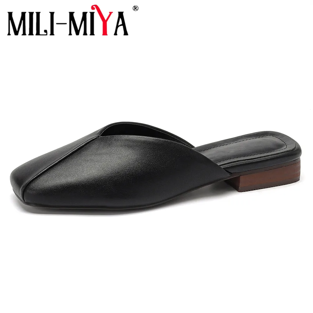 

MILI-MIYA Concise Solid Color Splicing Women Cow Leather Pumps Round Toe Low Thick Heels Non-Slip Soles Casual Street Shoes