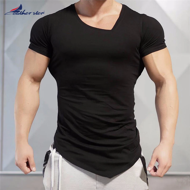 

T-Shirt Mens Gyms Clothing Summer Fashion Brand V-Neck Short Sleeve Slim Fit T Shirt Ftiness Male Compression Tshirt Homme