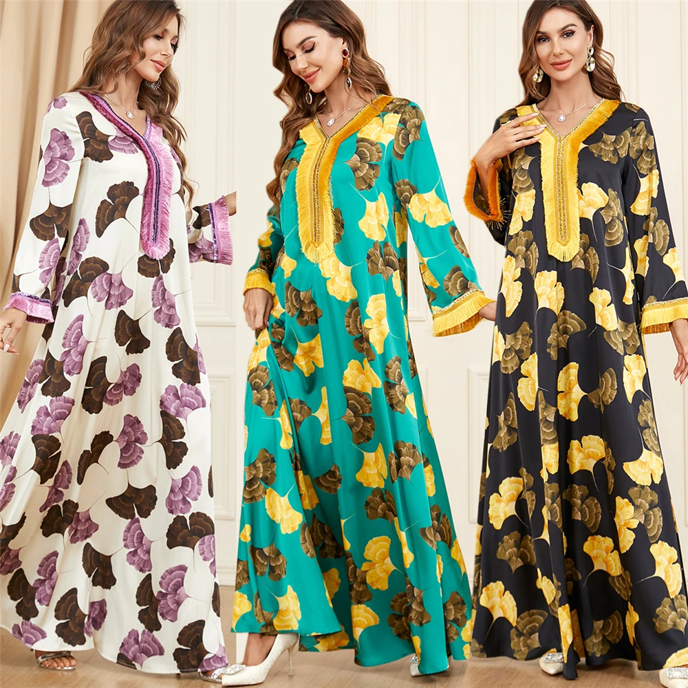 

Женское платье с принтом Дубай, мусульманская абайя, вечернее платье с бахромой, Марокканское арабское платье, Рамадан, ИД, кафтан, мусульманская одежда