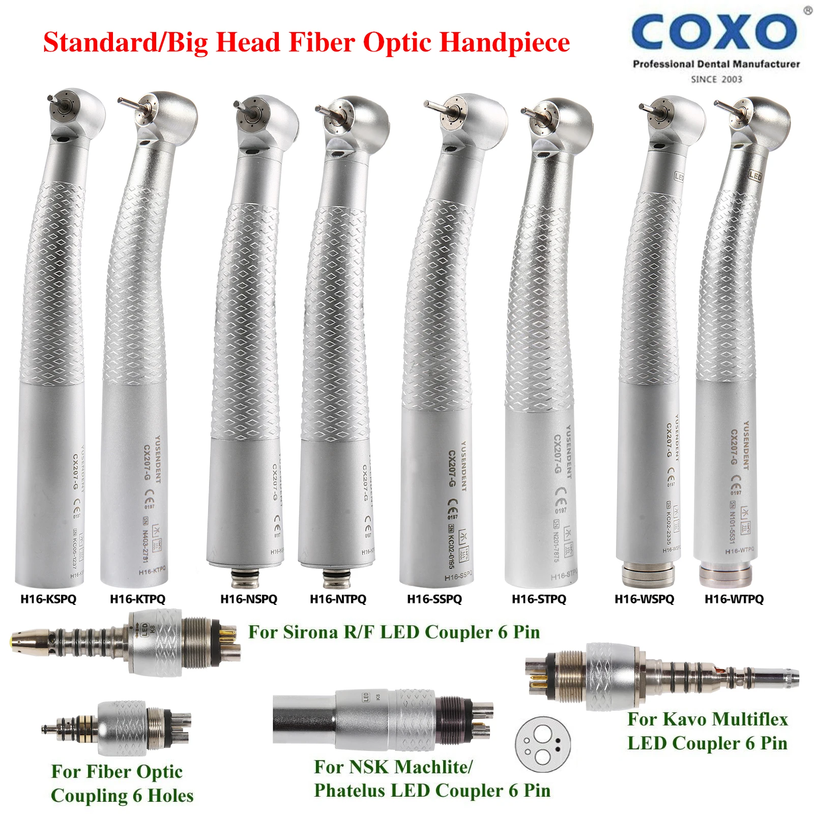 

COXO Dental Fiber Optic LED Handpiece Turbine Standard /Big Head Push Button For KaVo NSK Sirona Coupler 6 hole