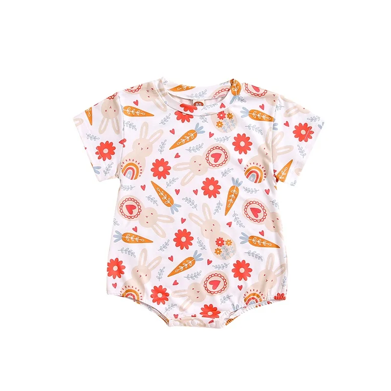 

0-24M Infant Baby Easter Jumpsuit Bunny&Carrot Print Round Neck Short Sleeve Romper Summer Newborn Girl Clothes