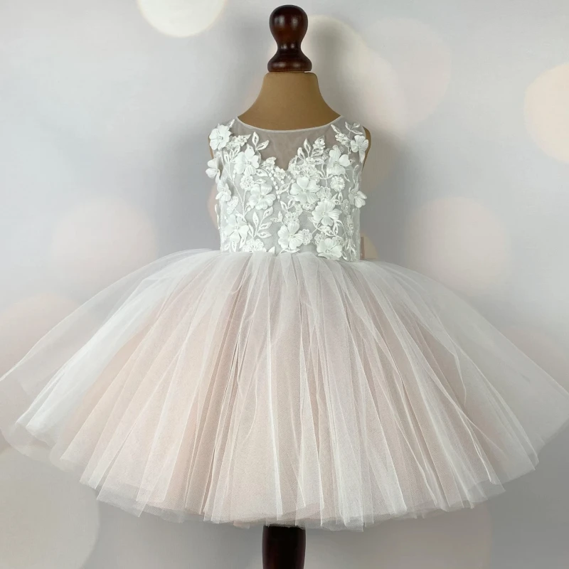 

Flower Girl Dresses Light Pink Tulle Puffy White Appliques With Bow Sleeveless For Wedding Birthday Party First Communion Gowns