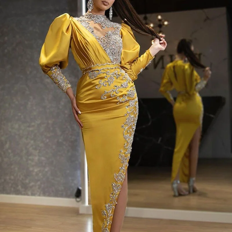 

Women Elegant Formal Dress Satin Sequin Decoration Slim Banquet Evening Party Dress Yellow Multiple Sizes Zipper Big Hem Robe