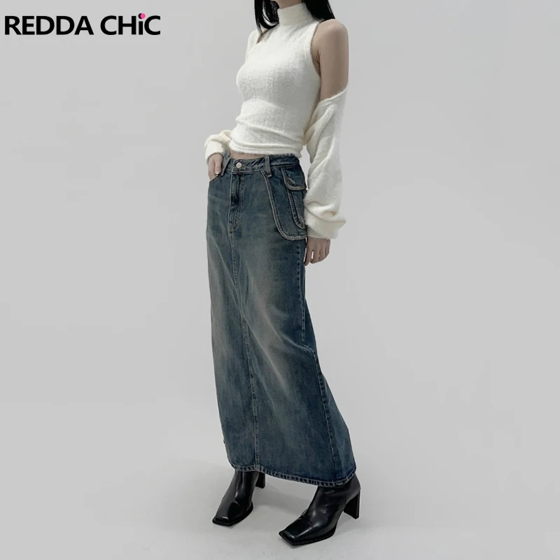 

REDDACHiC Irregular Pocket Women Denim Skirt with Slit 90s Retro High Rise Straight Midi Long Jeans Skirt Korean Y2k Streetwear